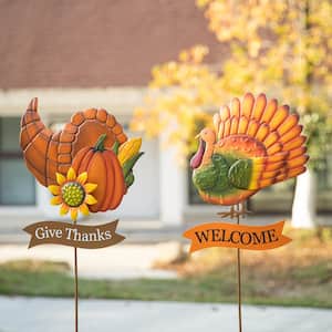 36.25 in. H Thanksgiving Metal Turkey and Croissant Yard Stake (Set of 2 )