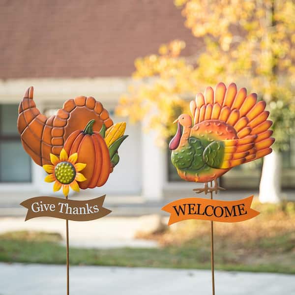 Glitzhome 36.25 in. H Thanksgiving Metal Turkey and Croissant Yard ...