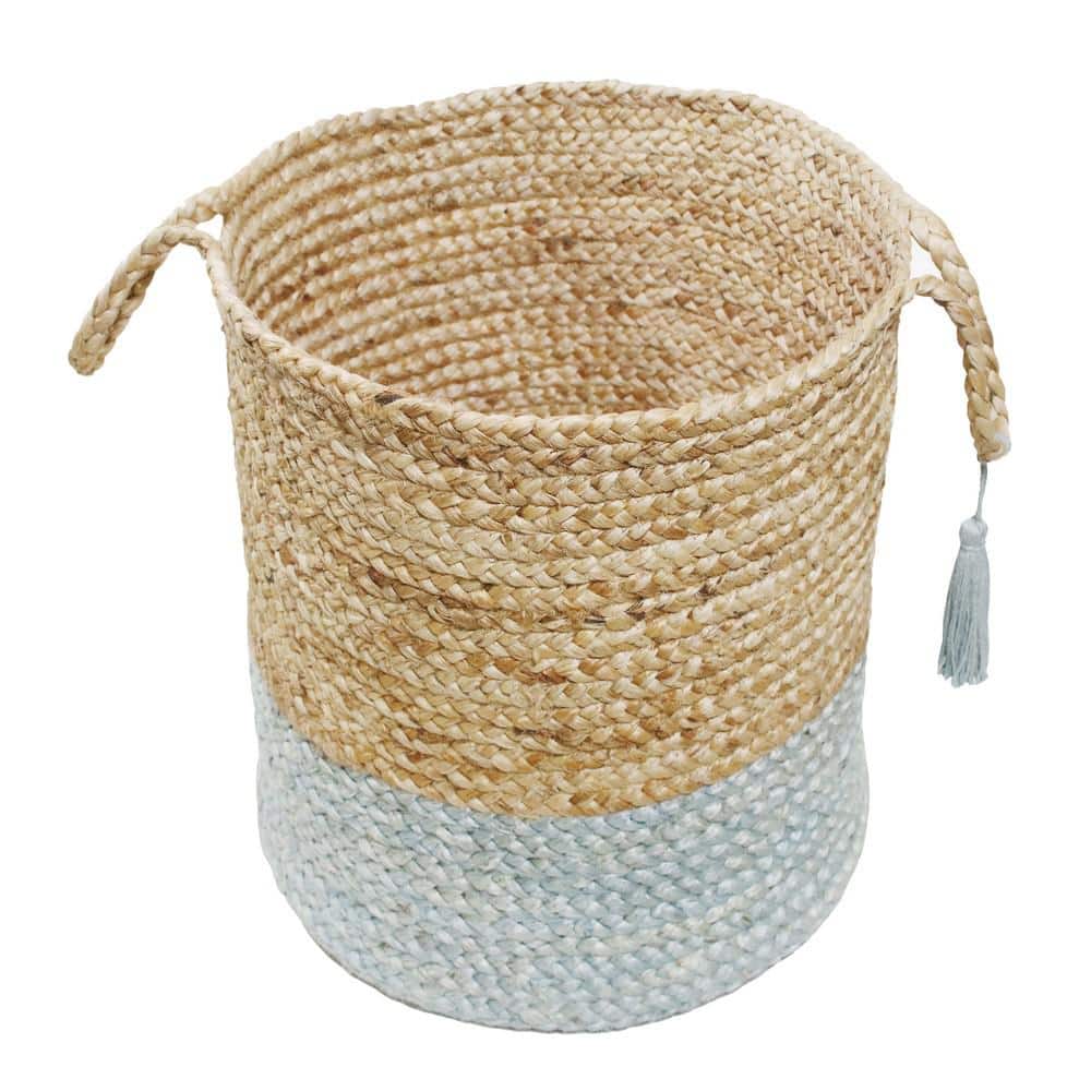 Handwoven Natural and Light Blue Jute Round Storage Basket with Handles
