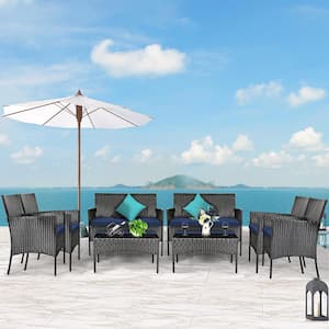 8-Piece PE Rattan Patio Conversation Wicker Furniture Set Coffee Table w/Off White & Navy Cover Cushions