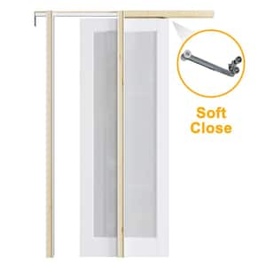 28 in. x 96 in. 1-Lite Glass White Primed MDF Pocket Sliding Door with Pocket Door Hardware Kit (Soft Close Included)