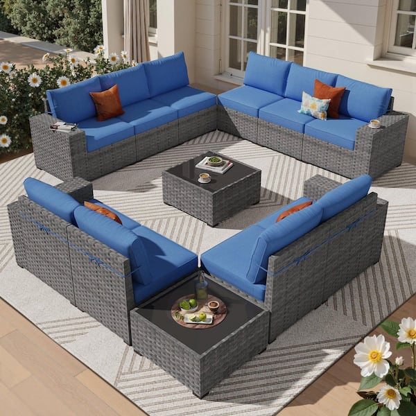 Lanora Gray 12-Piece PE Rattan Wicker Outdoor Patio Sectional Sofa Set with Navy Blue Cushion and Coffee Table