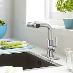 Waterfall Single Handle Pull Down Bar Faucet with 3-Modes Sprayer and Deckplate in Brushed Nickel