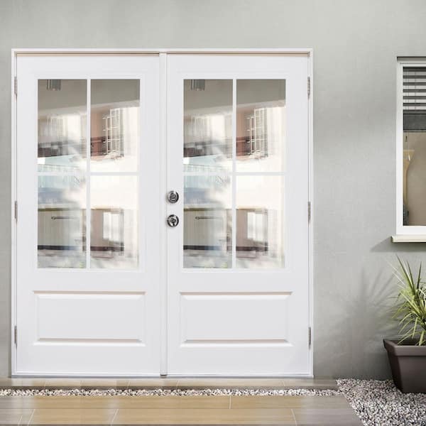 72 in. x 80 in. Fiberglass Smooth White Left-Hand Outswing Hinged 3/4-Lite Patio Door with 4-Lite GBG