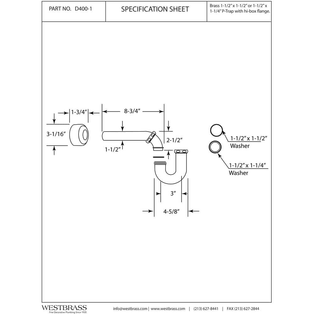Polished Brass 1-1/2" P-Trap Pipe with High Box Flange
