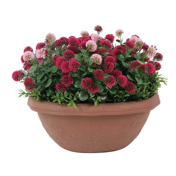 Green Smart Dekor 12 in. Pink and Red Indoor/Outdoor Artificial Chrysanthemum 8 in. Hanging Brown Plastic Basket 2-Pieces