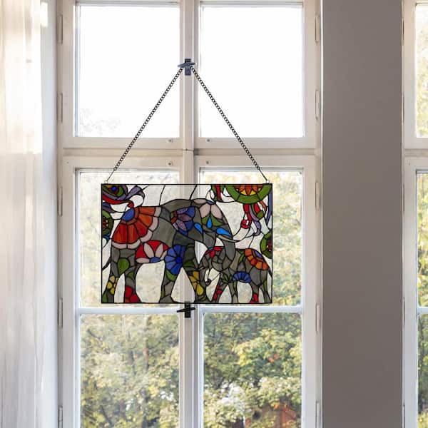 River of Goods Elephant Family Stained Glass Window Panel in River of Goods Elephant Family Stained Glass Window Panel in