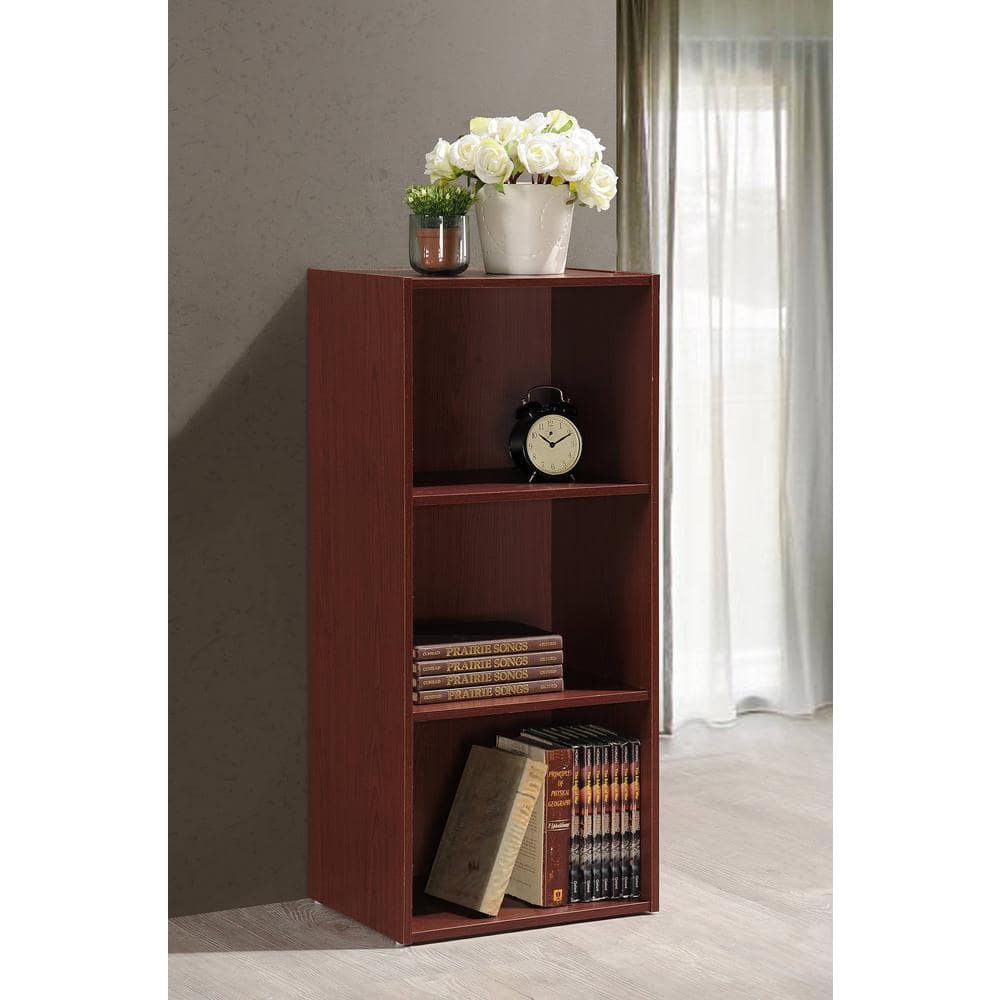 Mahogany 3-Shelf Kid-Friendly Storage Bookcase with Cubes and Doors