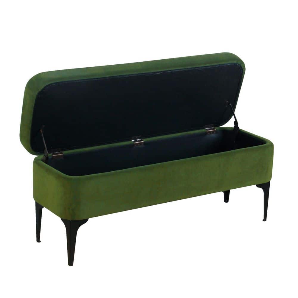 Modern Glamorous Green Velvet Storage Bench with Matte Black Legs