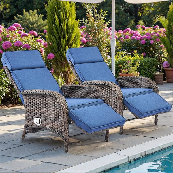 2-Pack Brown Wicker Outdoor Pneumatic Pump Gravity Adjustable Recliner for Patio with CushionGuard Blue Cushions