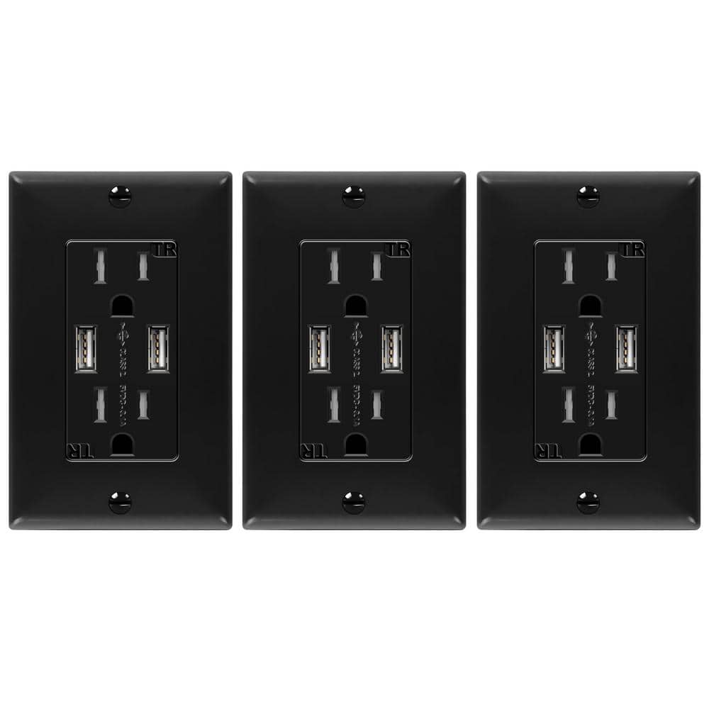TOPGREENER 3.1 Amp USB Wall Duplex Outlet Charger with Wall Plate in Black (3-Pack) -  TU2153A-BKWP3P