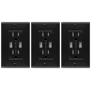 3.1 Amp USB Wall Duplex Outlet Charger with Wall Plate in Black (3-Pack)