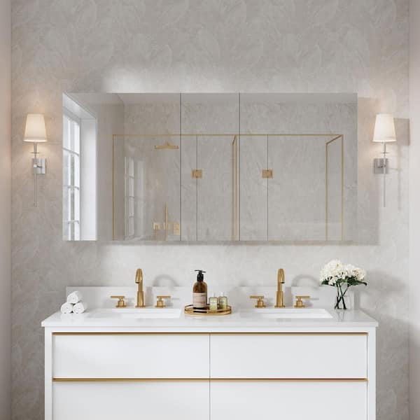 Liviza Peony 60 in. W x 30 in. H Rectangular Aluminum Medicine Cabinet with Mirror Combo, Reversible Door, Tri-View, Soft Close