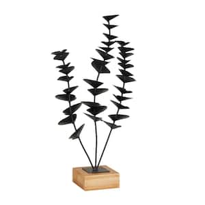 Black Metal Leaf Sculpture with Wood Base