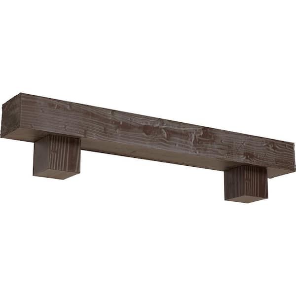 Ekena Millwork 8 in. x 12 in. x 4 ft. Sandblasted Faux Wood Fireplace Mantel Kit, Alamo Corbels, Aged Pecan