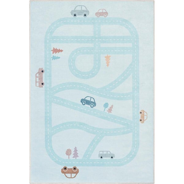 Playful Roads Modern Kids Light Blue 6 ft. x 9 ft. Machine Washable Flat-Weave Area Rug