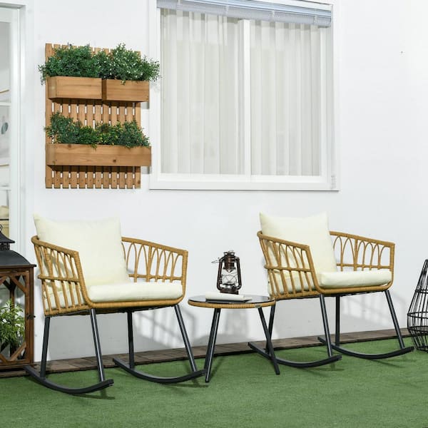 3-Piece Wicker Outdoor Bistro Set with Cream White Cushions, 2 Porch Rocker Chairs and Glass Top Coffee Table