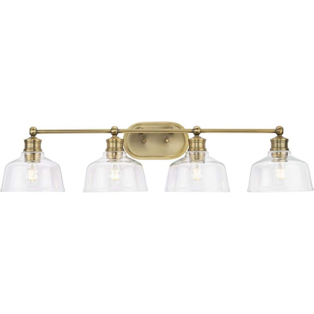 Singleton 36" Vintage Brass 4-Light Vanity Fixture with Clear Glass Shades