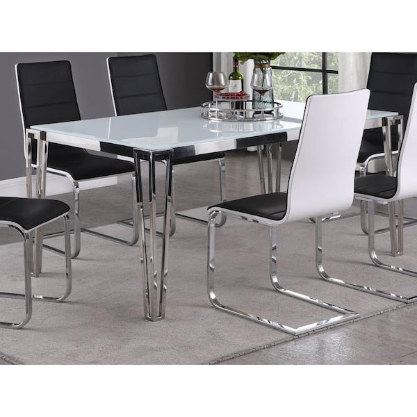 Coaster Pauline Rectangle White and Chrome Glass Top Legs Dining