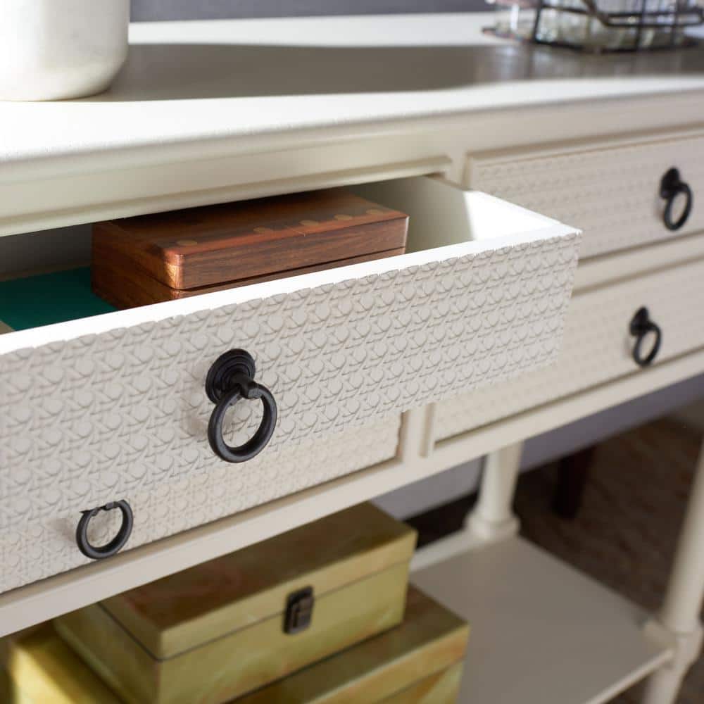Elegant Carved White Wood and Metal Console Table with Storage