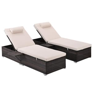 Brown 2-Piece Rattan Outdoor Patio Reclining Chair and Side Table with Beige Cushions
