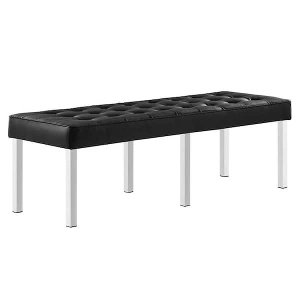 Loft Tufted Large Upholstered Faux Leather Bench in Silver Black