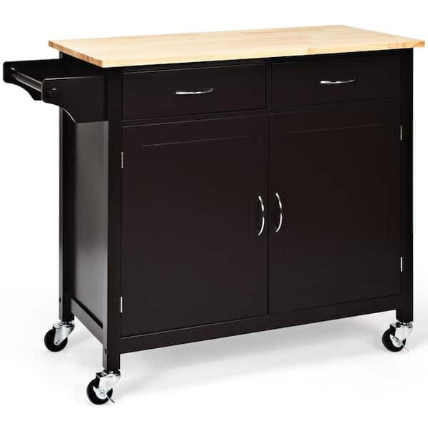 ANGELES HOME 43 in. W Rolling Kitchen Cart Island with Wood Countertop, Kitchen Cart Trolley on Wheels, Brown