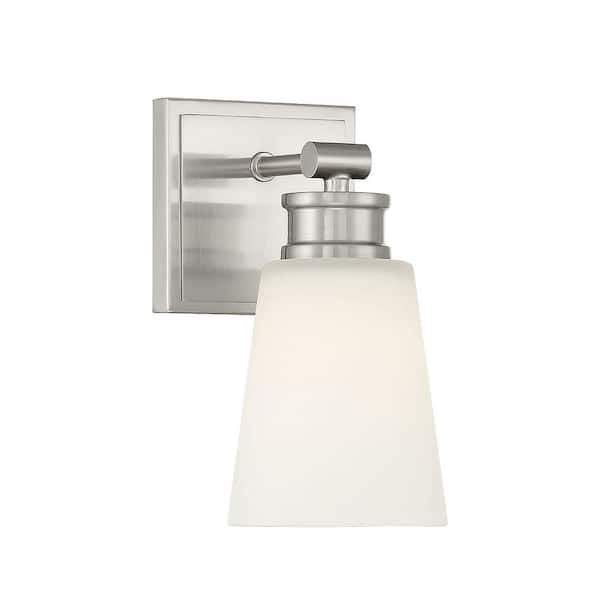 Savoy House 5 in. W x 9.5 in. H 1-Light Brushed Nickel Wall Sconce with a White Frosted Glass Shade