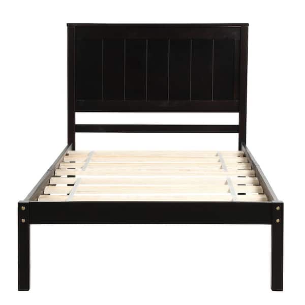 Twin Size Espresso Platform Bed Frame with Headboard, Wood Platform Bed, Wood Slat Support, No Box Spring Needed