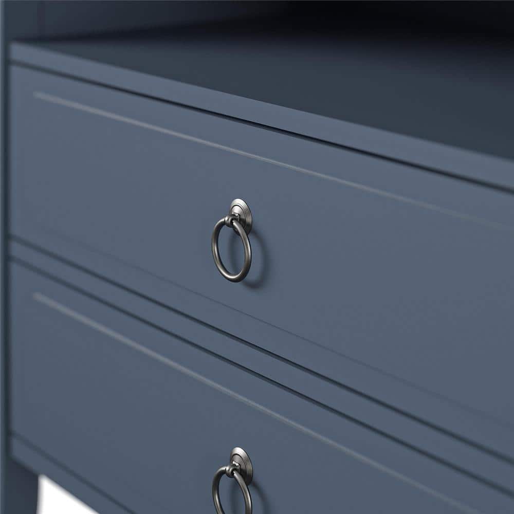 Blue 2-Drawer Nightstand with Open Cubby and Wood Legs