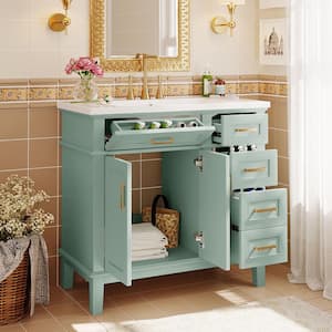 36 in. W Single Sink Freestanding Bath Vanity in Green with White Resin Top and 4 Drawers, Soft Close Doors