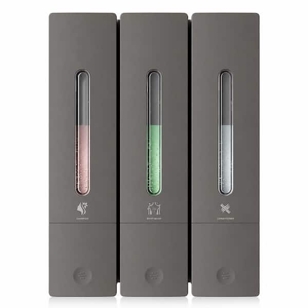 Gray Wall-Mounted 3-Chamber Shower Soap Dispenser, No-Drill Shampoo and Conditioner Dispenser, Total 1200ml Capacity