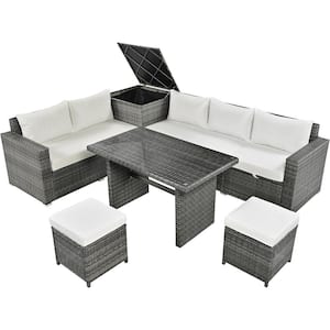 6-Piece Wicker Patio Conversation Set with Storage Box, Tempered Glass Top Table and Beige Cushions