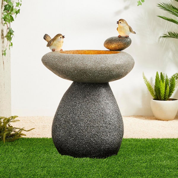 20.75 in.H Zen-Style Faux Stone Texture Birdbath Polyresin Cascade Outdoor Fountain with Birds, Pump and LED Light (KD)