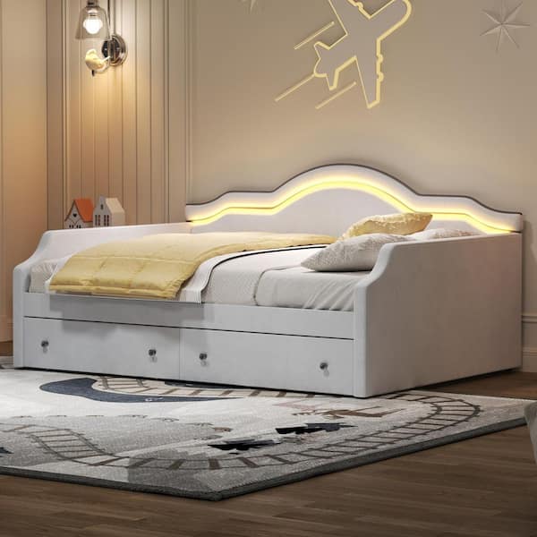 Beige Full Size Upholstered Daybed with 2 Drawers and LED