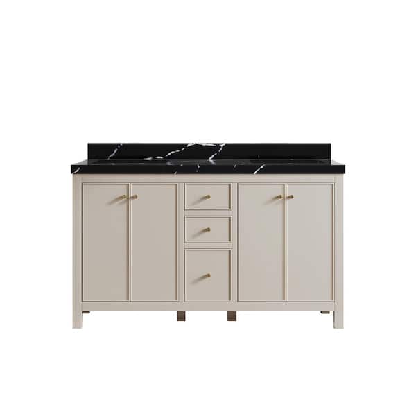 Willow Collections Chicago 60 in. Double Sink Freestanding Fine Grain Bath Vanity with Calacatta Black Qt. Top Unassembled