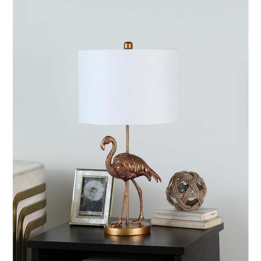 Matte Gold Flamingo Resin Bedside Table Lamp with White Shade