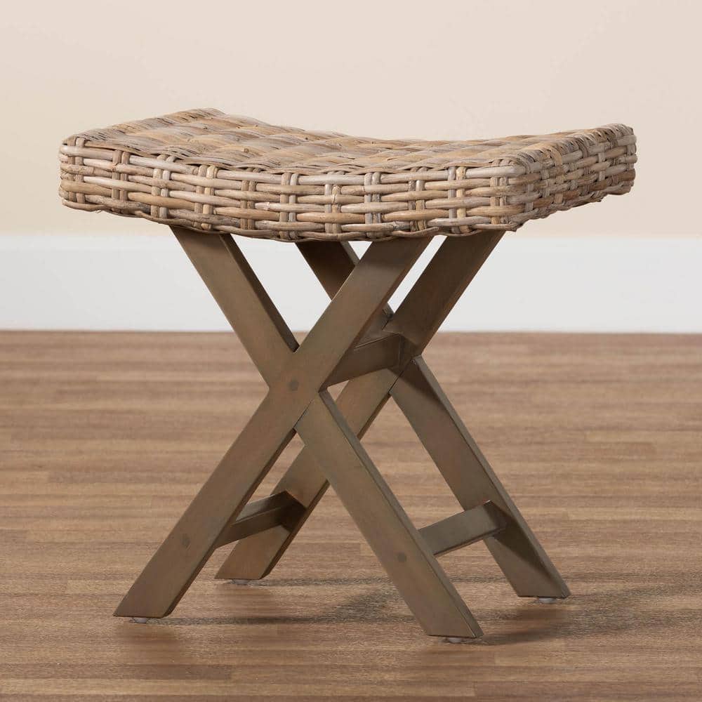 Hayate Mahogany and Rattan X-Base Ottoman Footstool