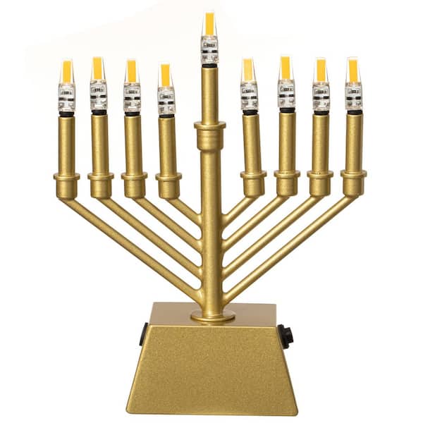 Wall Mount 9-Branch Hanukkah Menorah with LED Candles Illuminated Display Contemporary Decorative Accents V-Shape Gold