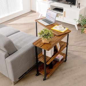 31.5 in. Brown Wood Patented 360° Free Rotating Sofa Rectangular End Table with Storage Shelves and Casters