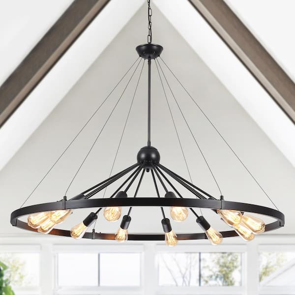 LWYTJO Yalina 12-Light Black Farmhouse Sputnik Wagon Wheel Chandelier 43.3 in. Large Rustic Round Kitchen Island Chandelier