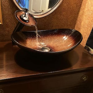 Glass Vessel Sink in Copper and Black with Sealer, Mounting Ring, Drain and Faucet in Oil Rubbed Bronze