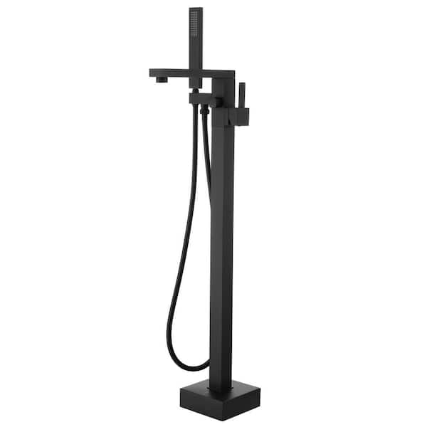 Mondawe Single-Handle Rectangular Claw Foot Freestanding Bathtub Filler Faucet with Hand Shower in Matte Black