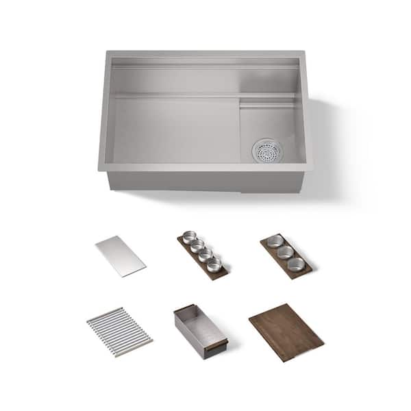 Synthos 27.75 in Undermount Single Bowl Stainless Steel Workstation Kitchen Sink with Walnut Accent Accessory Bundle