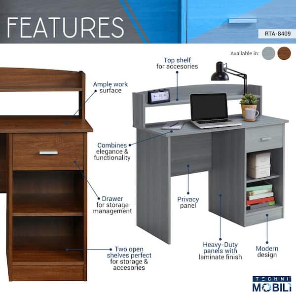 Techni Mobili Classic Office Desk with Storage, Gray