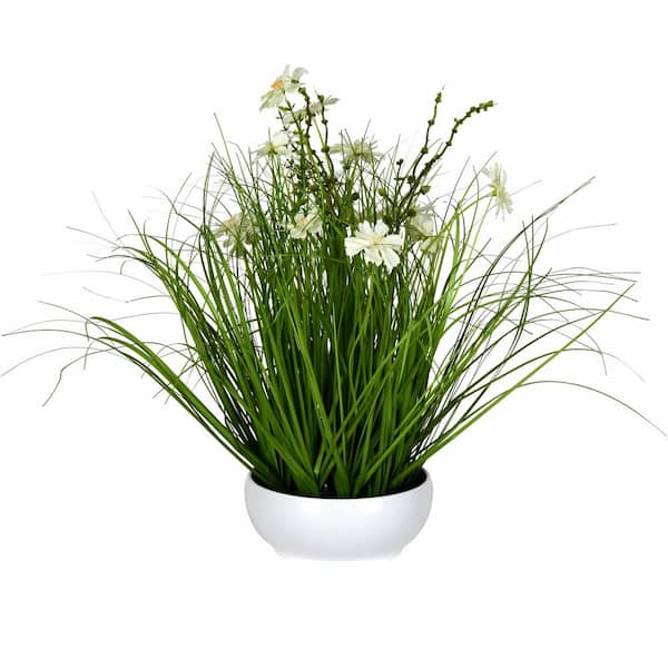 Vickerman 16 .5 in Artificial Potted Cream Cosmos and Green Grass.