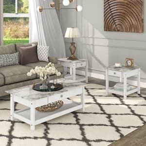 Dingo 3-Piece 41.75 in. White Rectangle Faux Marble Coffee Table Set with Drawers and Shelves