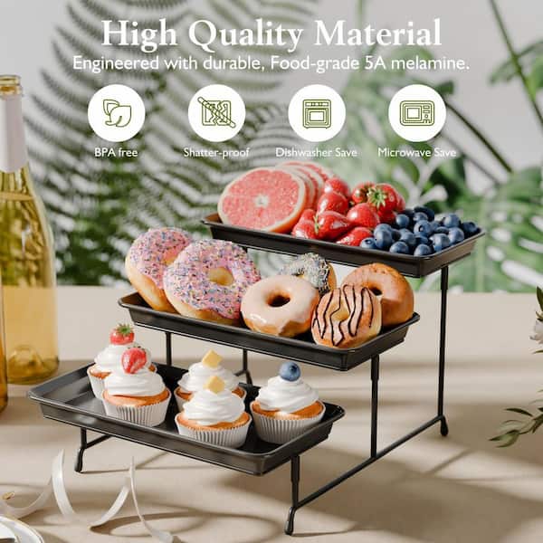 KHKFY Steel 3-Tier Melamine Serving Tray Set with Metal Stand 12