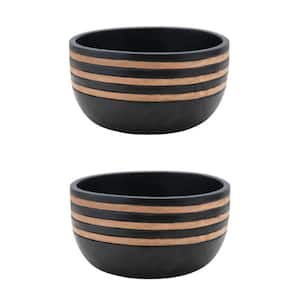 9 in. 92 fl. oz. Black Mango Wood Grooved Serving Bowls in Black and Natural (Set of 2)