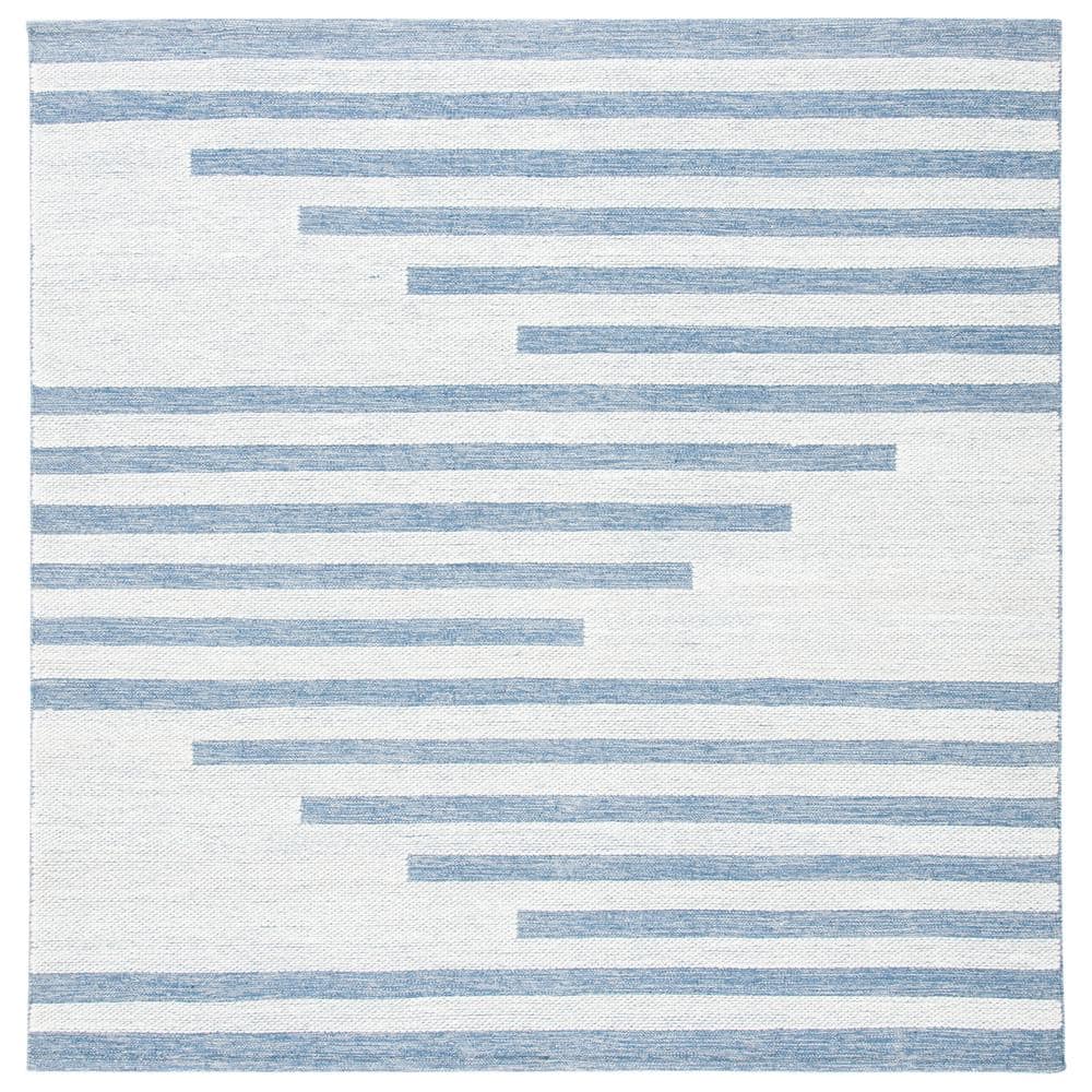 Ivory and Blue Handwoven Kilim Square Wool Rug - 7' x 7'